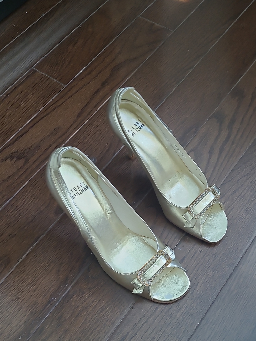Stuart Weitzman Gold Peep-Toe Heels with Buckle Accent